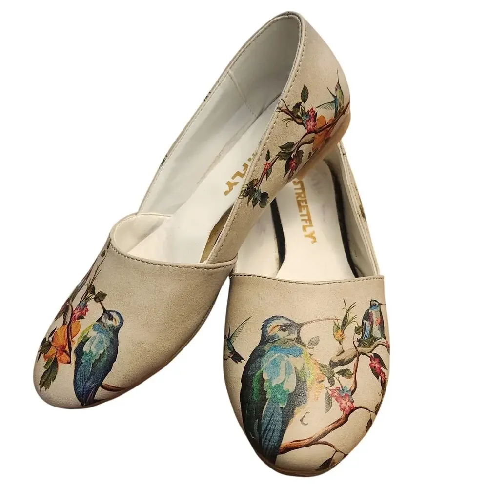 StreetFly Cottagecore Bird Pattern Canvas D'Orsay Ballet Flats Size 38 (7.5-8)